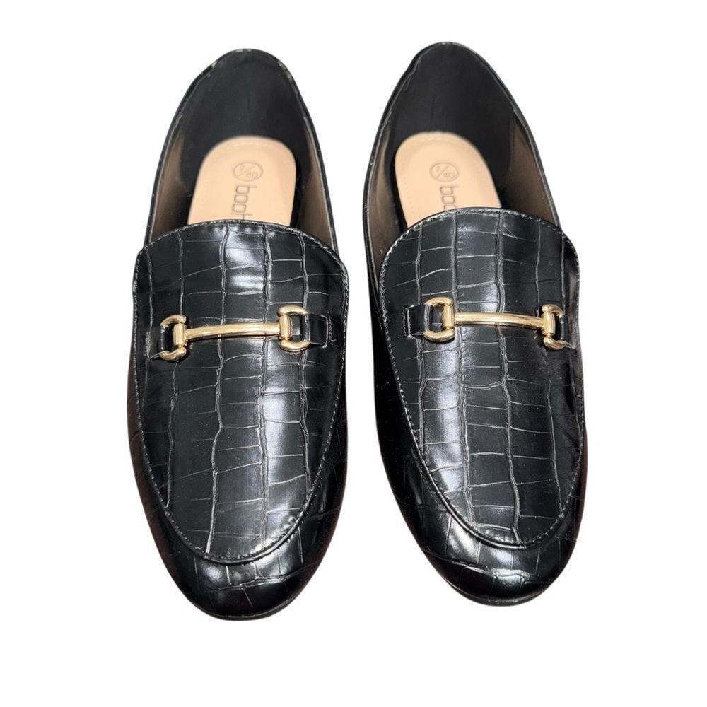 Boohoo Dressy solid Black Croc-Embossed Loafers with Gold Detail size 7 8 8.5